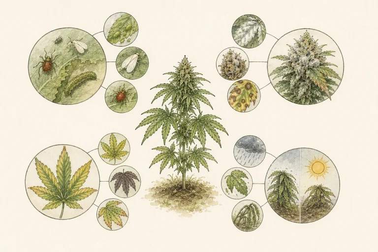 Overview of common outdoor cannabis problems with pests, fungal infections, nutrient deficiencies and weather damage