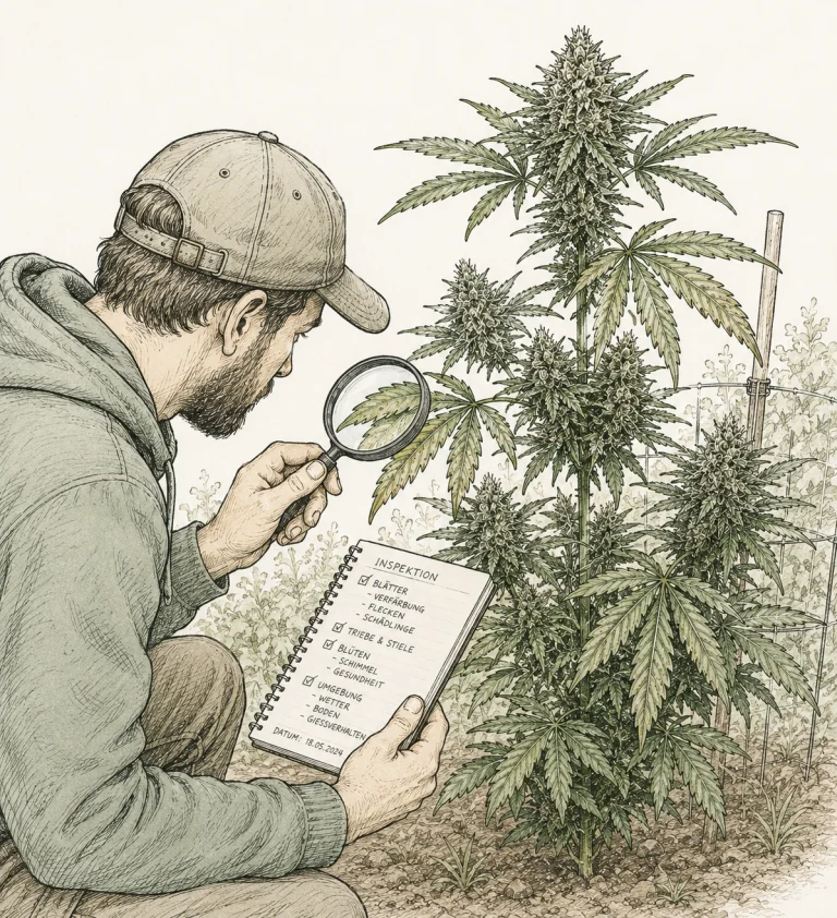 Grower inspecting an outdoor cannabis plant with a magnifying glass and notebook to diagnose plant problems