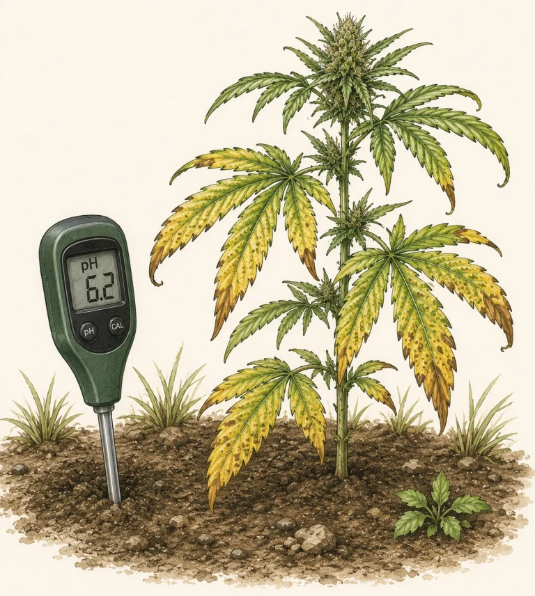 pH meter in garden soil next to a cannabis plant with pH-related deficiency symptoms on the leaves