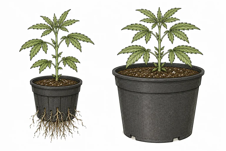 Root-bound cannabis: pot that is too small with roots growing out, next to a bigger pot for transplanting