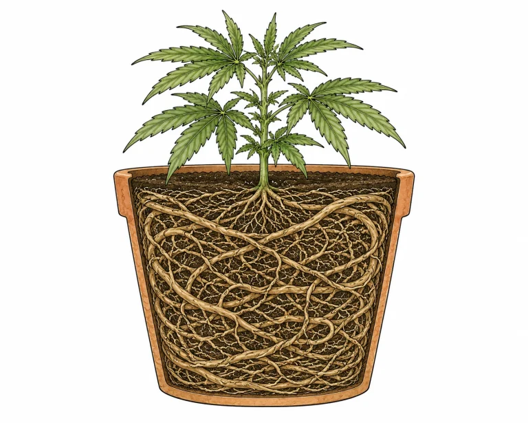 Root-bound cannabis roots circling in a pot that’s too small