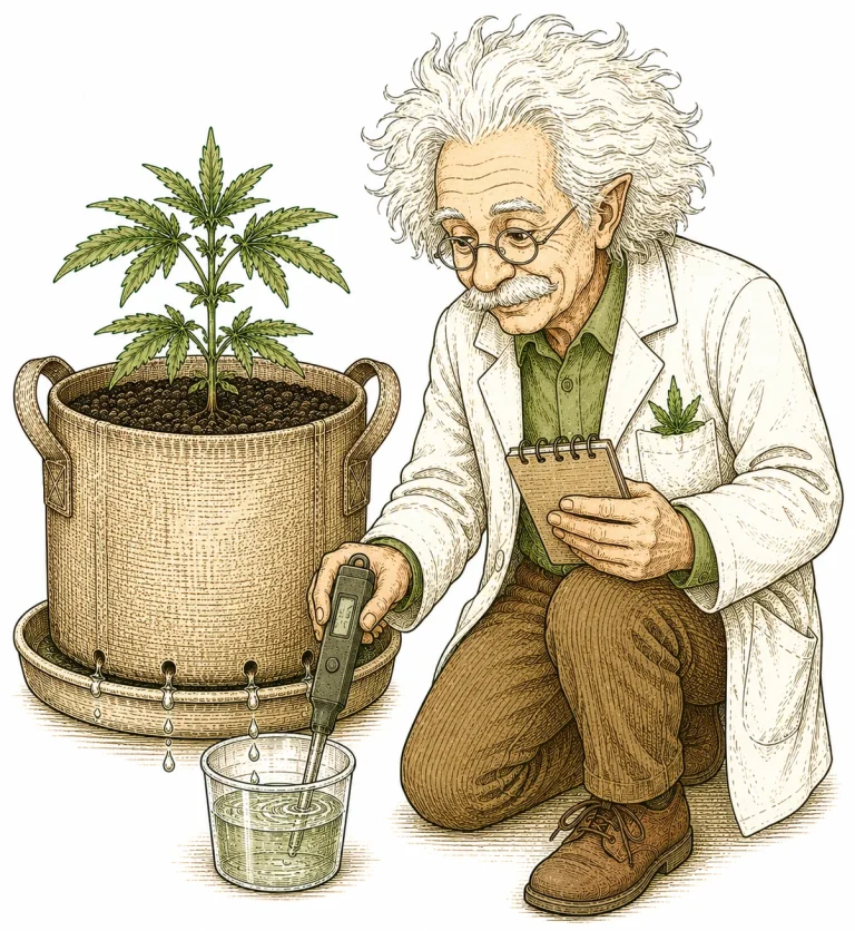 Testing cannabis runoff at the bottom of the pot with a pH meter