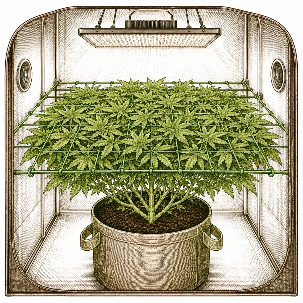 SCROG net stretched over cannabis plants in a grow tent with branches woven evenly through the screen
