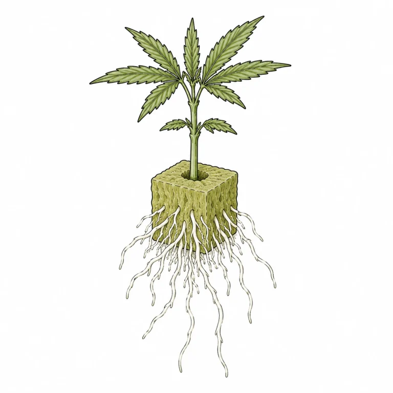 Rooted cannabis clone in a rockwool cube with long, clearly visible white roots