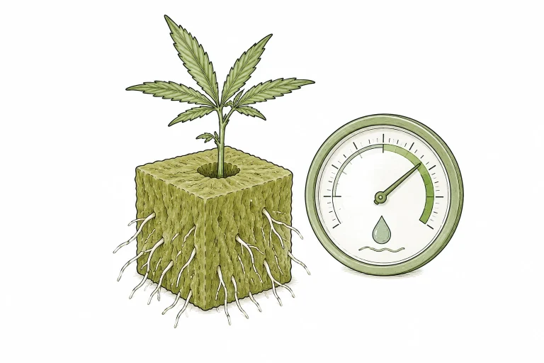 Cannabis clone in a rockwool cube with clearly visible white roots next to a humidity and temperature meter