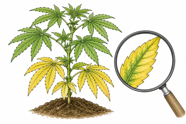 Cannabis nitrogen deficiency: close-up of yellow lower leaves
