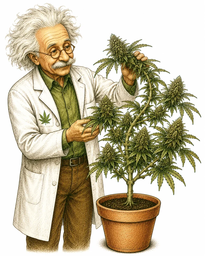 Super cropping a cannabis branch: stem gently pinched and bent horizontally without breaking the outer skin