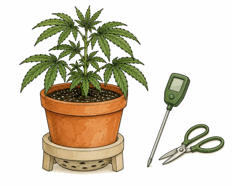 Cannabis pot on a raised tray with drainage holes, next to a moisture meter and scissors