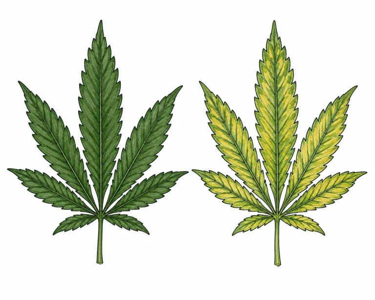 Comparison of two cannabis leaves: overwatered on the left, nutrient deficiency with chlorosis on the right