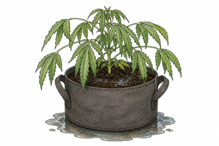 Symptoms of overwatered cannabis with drooping leaves