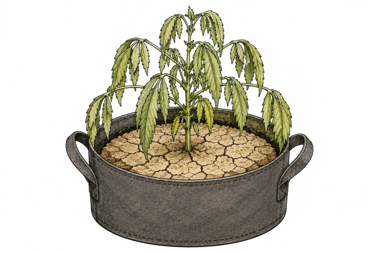 Underwatered cannabis with wilted leaves and dry soil