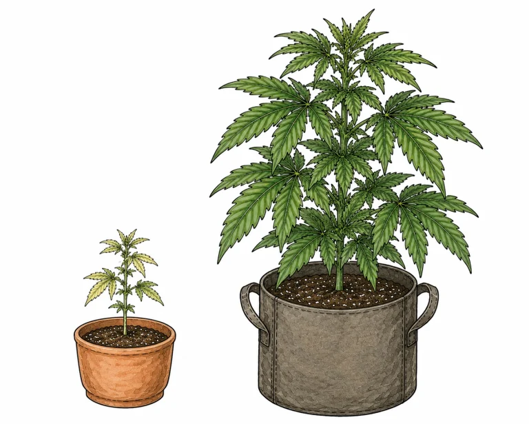 Cannabis pot size comparison: stalled vs. healthy growth