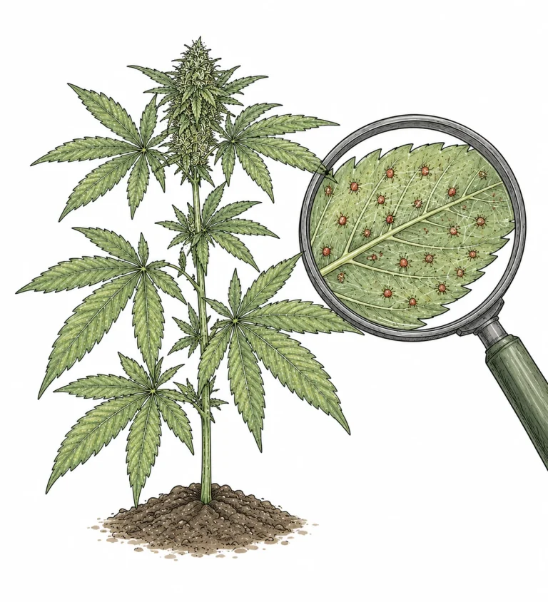 Spinnmilben auf Cannabis-Blattunterseite mit Gespinst – Ursache für weiße Punkte auf Blättern