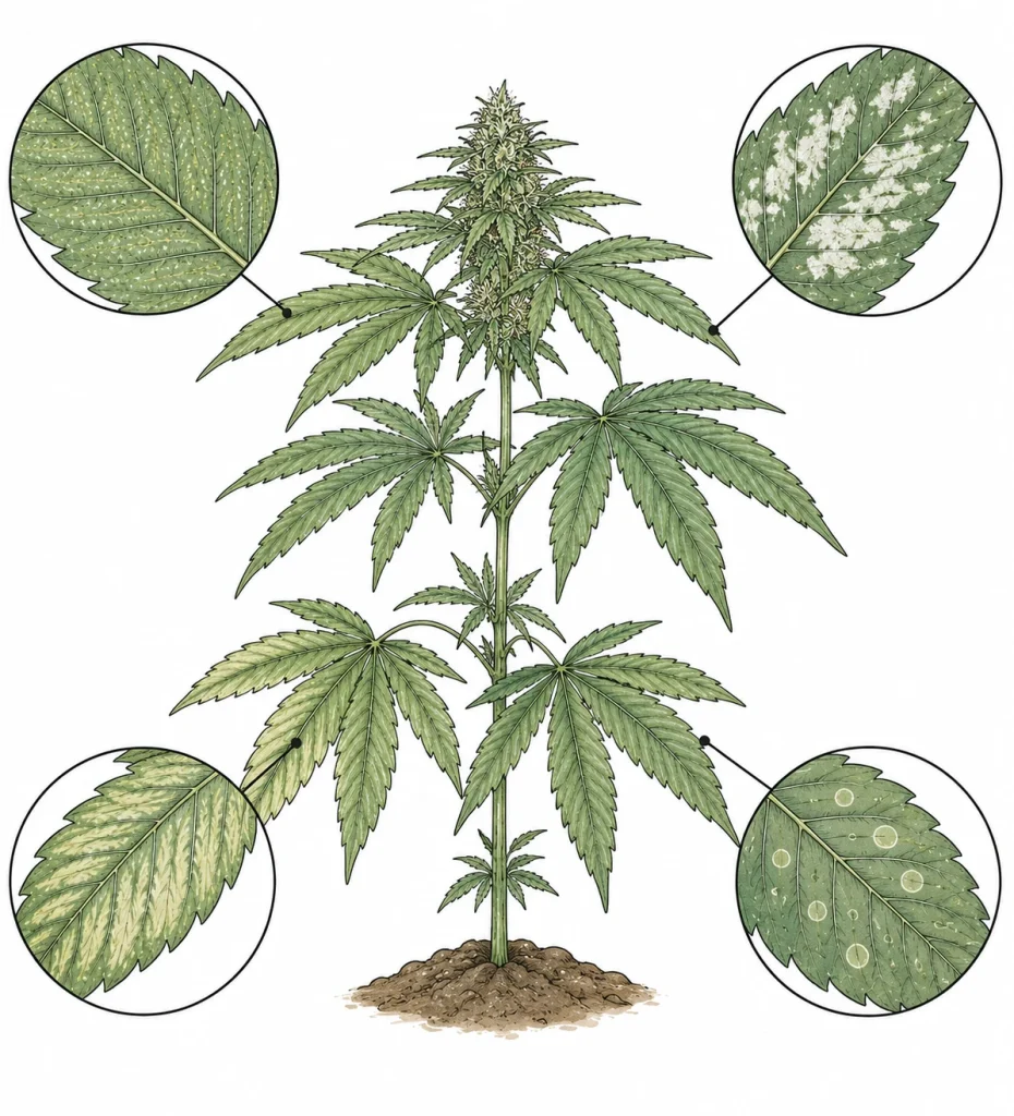 Weiße Punkte auf Blättern bei Cannabis: vier Ursachen im Vergleich – Spinnmilben, Mehltau, Nährstoffmangel, Wasserflecken