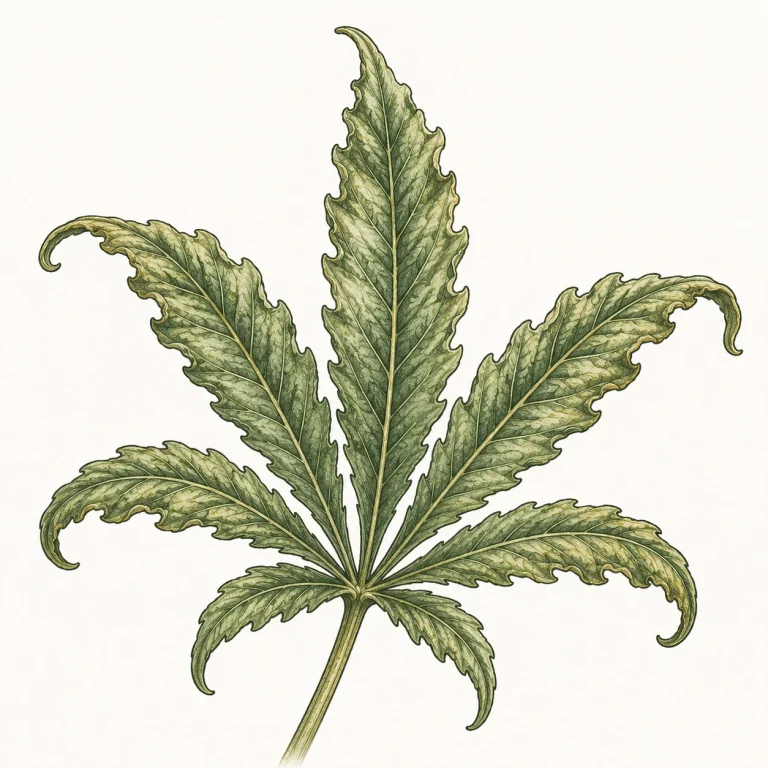 Cannabis Windbrand: Nahaufnahme eines Blatts mit gewellten Rändern und leicht eingerollten Blattspitzen