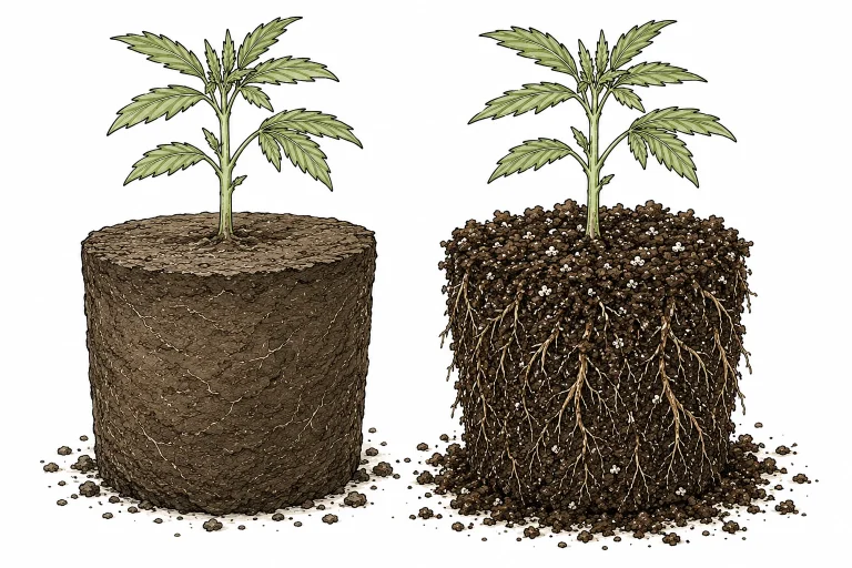 Cannabis root problems from compacted growing medium compared to loose, airy soil