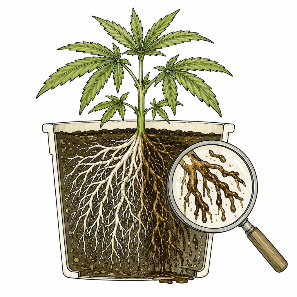 Root rot cannabis: brown, slimy roots of a cannabis plant compared to healthy white roots