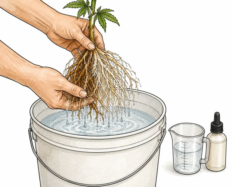 Treating cannabis root rot: roots being rinsed with hydrogen peroxide solution in a bucket