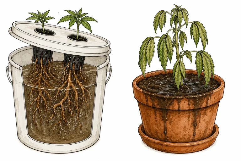 Spotting cannabis root rot in hydro vs. soil: on the left a DWC bucket with infected roots, on the right a wilting plant in overly wet soil