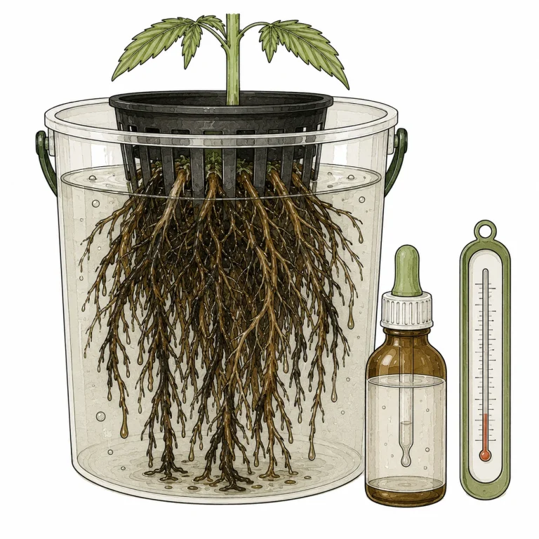 Spotting cannabis root rot: brown, slimy roots in a hydro bucket with hydrogen peroxide