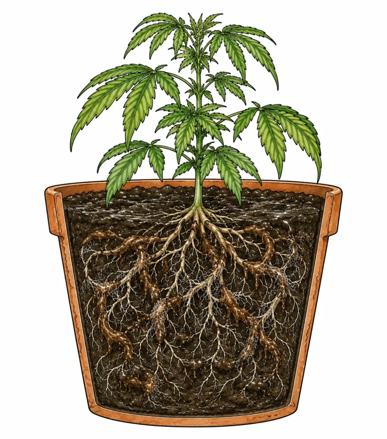 How to spot cannabis root rot: cross-section of a potted cannabis plant with a healthy and an infected root system