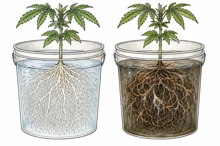 How to spot cannabis root rot: healthy white roots compared to brown, rotting roots in a DWC bucket