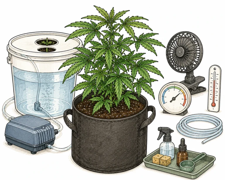 Preventing cannabis root rot: clean grow setup with a DWC system, air pump, hygrometer, thermometer and a healthy cannabis plant