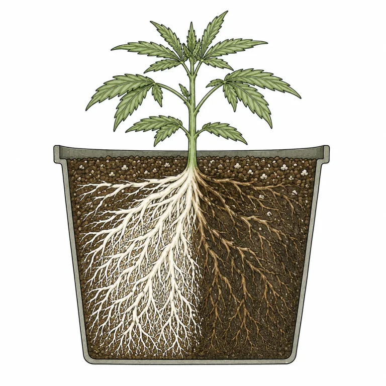 Spotting cannabis root problems: cross-section showing healthy and damaged roots