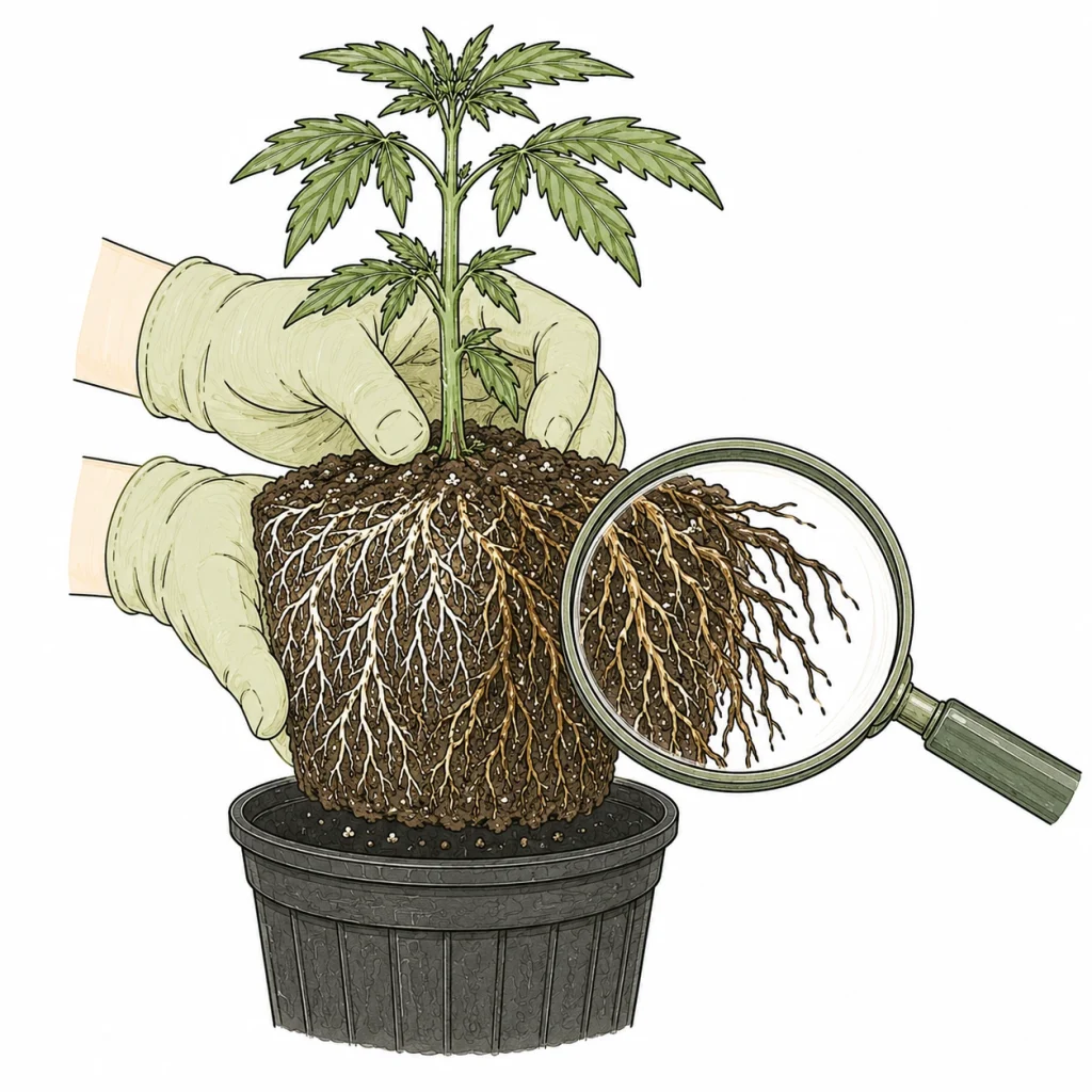 Cannabis root problems: pot cross-section with healthy white roots on the left and brown, damaged roots on the right
