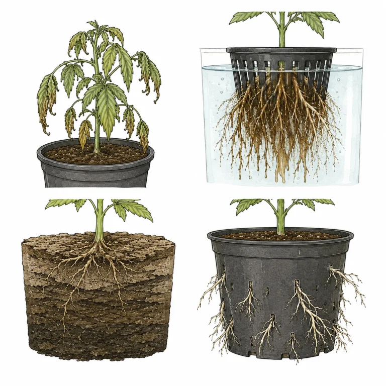 Cannabis root problem symptoms: collage of wilting, root rot, compacted growing medium and a root bound plant