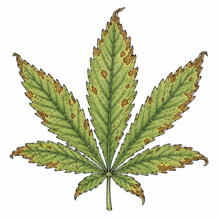Cannabis leaf with typical calcium deficiency symptoms