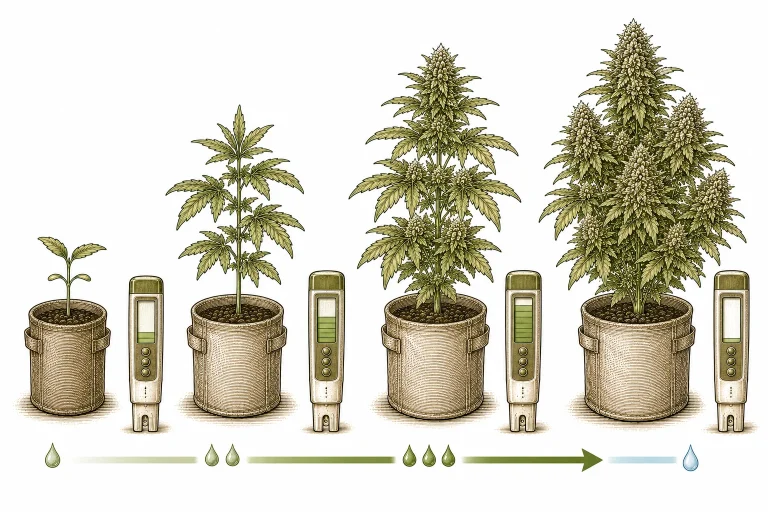 Cannabis EC Wert Tabelle: Wachstumsphasen vom Keimling bis Flush