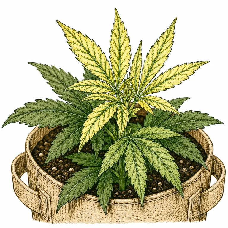 Interveinal chlorosis on cannabis caused by a pH that’s too high, visible on young shoot tips