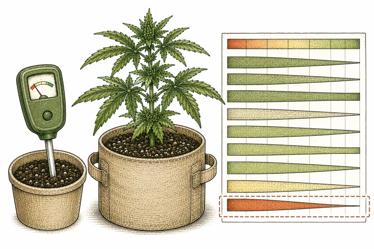 pH-Messgerät neben Cannabis-Pflanze und Diagramm zur pH-abhängigen Eisenverfügbarkeit