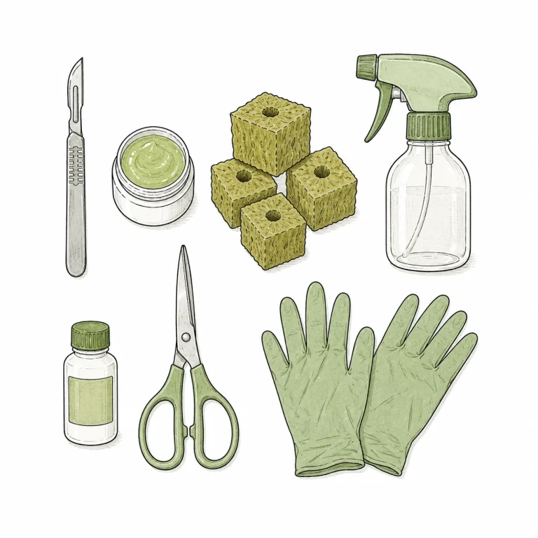 Flat lay of all the supplies you need for taking clones: scalpel, rooting gel, rockwool cubes, spray bottle, scissors and gloves