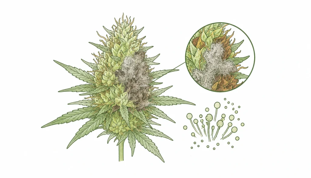 Bud rot cannabis: gray, fuzzy botrytis mold spreading inside a dense cannabis bud