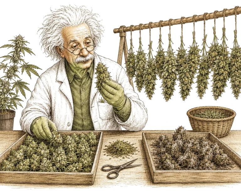 Grower sorting cannabis buds after harvest, removing infected areas