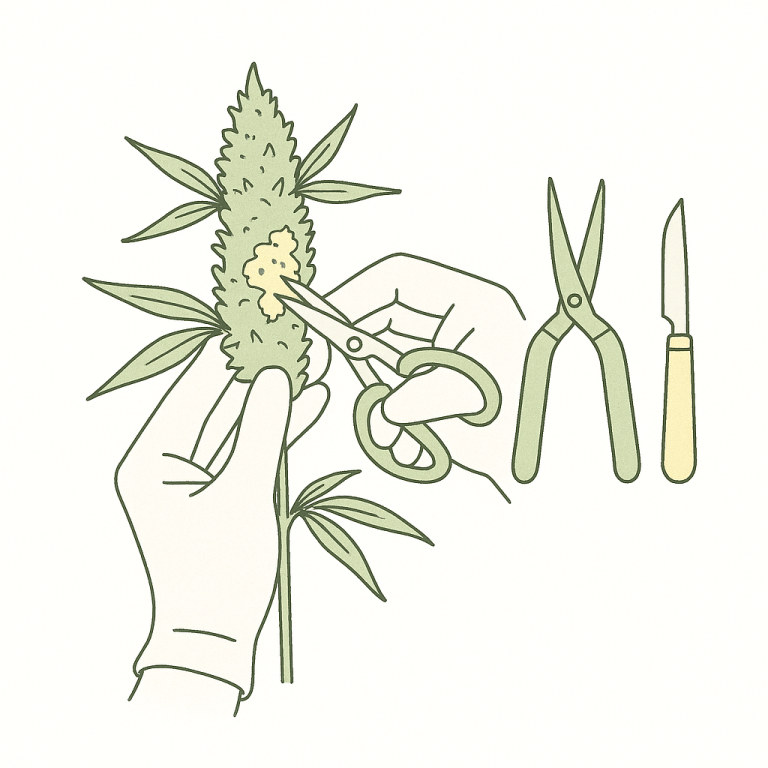 Grower cutting botrytis-infected areas out of a cannabis bud