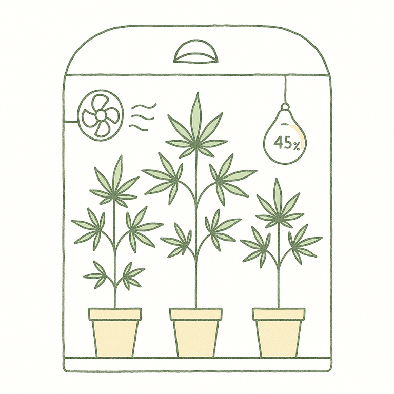 Well-ventilated cannabis grow tent with fans and a hygrometer showing 45 percent