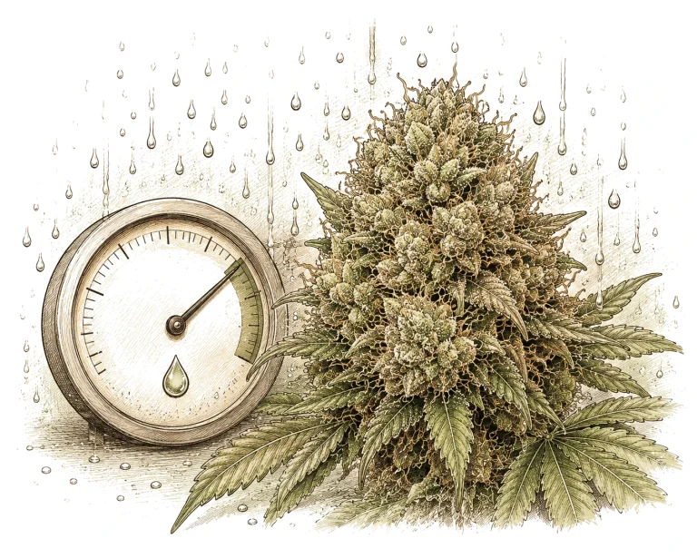 Infographic of risk factors for botrytis in cannabis: humidity, temperature, dense buds