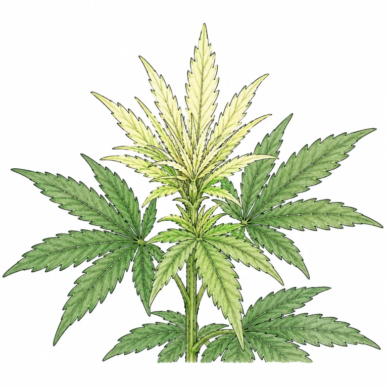 Young cannabis growing tip with iron deficiency symptoms