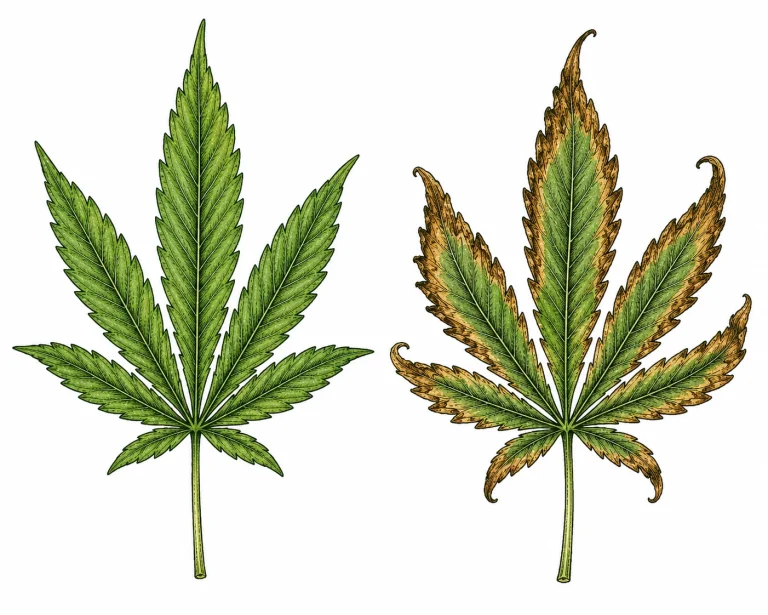 Cannabis potassium deficiency: leaf with brown, necrotic edges and tips