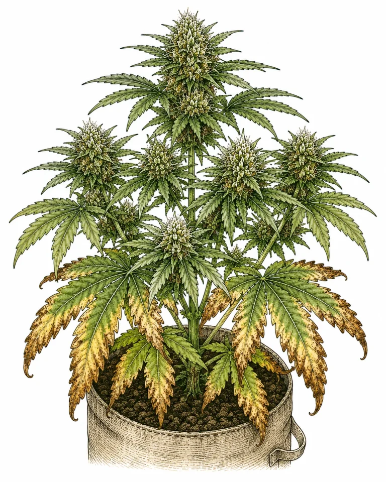 Cannabis potassium deficiency in the flowering stage: symptoms on lower leaves and buds