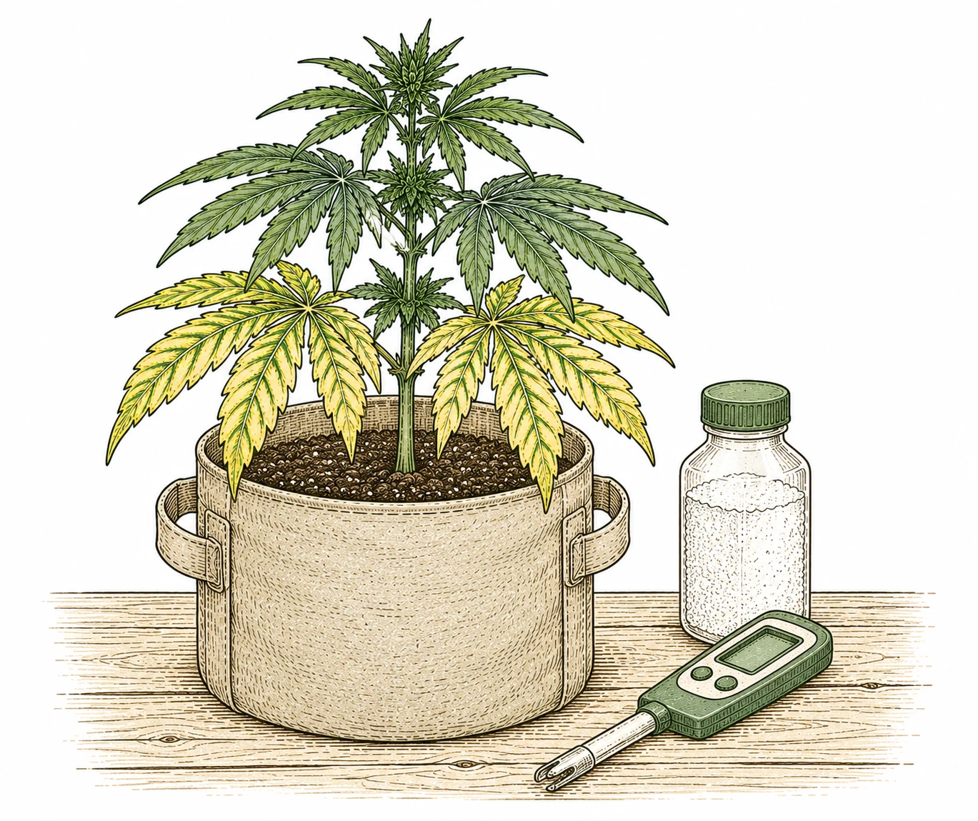 Cannabis magnesium deficiency — yellow leaves with green veins
