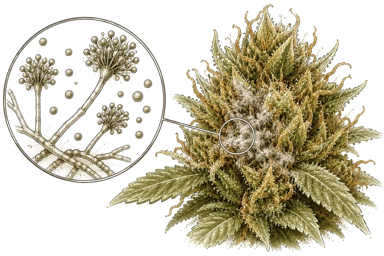 Microscopic view of Botrytis cinerea spores on cannabis