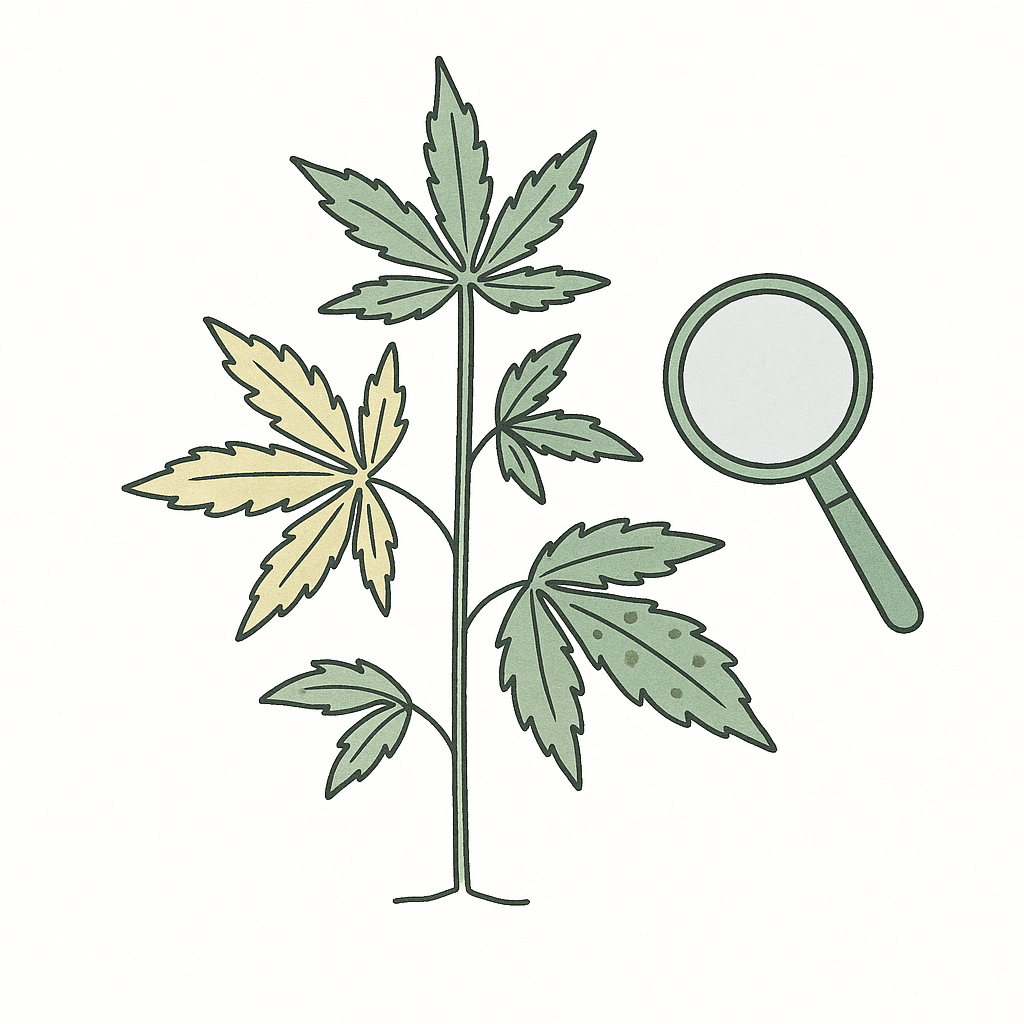 Grower examining an outdoor cannabis plant to diagnose outdoor cannabis problems