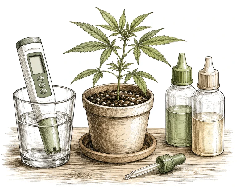 Cannabis pH level: pH meter with a cannabis seedling and pH Up and pH Down bottles