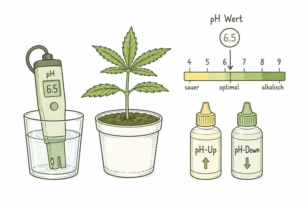 Cannabis pH level: digital pH meter with a cannabis seedling and pH Up and pH Down bottles