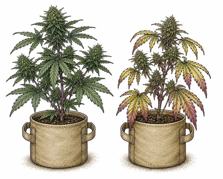 Vergleich Phosphormangel Cannabis und genetische Lila-Färbung: gesunde Pflanze links, Mangelerscheinungen rechts