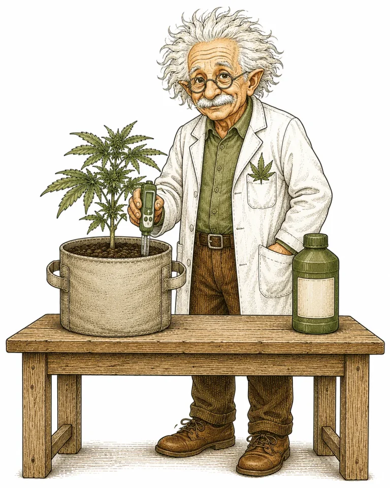 PlantMentor misst pH-Wert im Cannabis-Topf neben einer Flasche Phosphor-Dünger